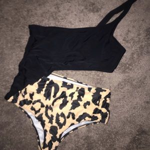 One shoulder leopard and black one piece swimsuit